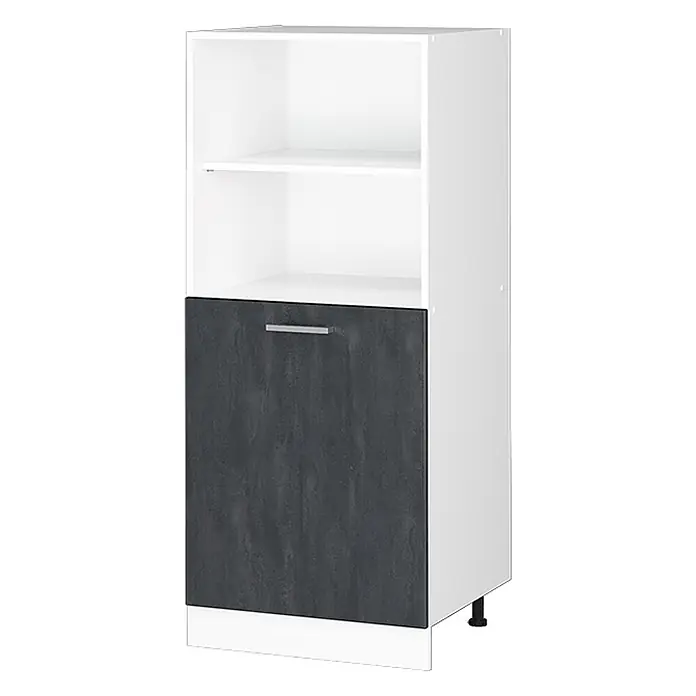 Küchenfront R-Line 59.6 cm Schwarz Beton Art.-Nr. 42840 -  - Weißer Schrank mit zwei offenen Fächern und einer dunkelgrauen strukturierten Tür mit Griff, auf schwarzen verstellbaren Füßen.