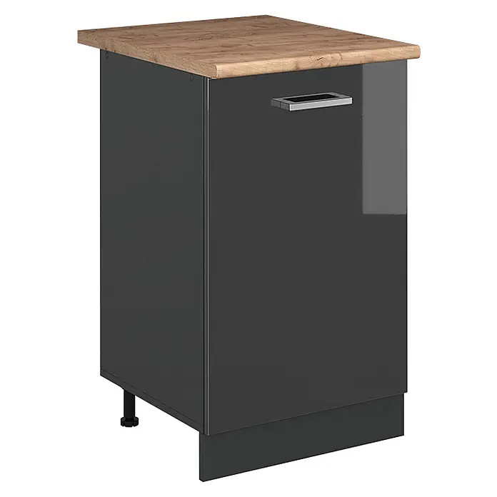 Küchenunterschrank R-Line 50 cm Anthrazit Hochglanz Art.-Nr. 70181 -  - Dunkelgrauer Hochglanz-Unterschrank mit heller Holzoptik-Arbeitsplatte und silbernem Griff.