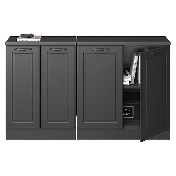 Vicco Küchenschrank für Dachschrägen R-Line, Anthrazit Landhaus, 140 cm -  - Dunkelgraue modulare Aufbewahrungsschränke mit Kassettentüren, einer offen mit Büchern und Aufbewahrungsbox.