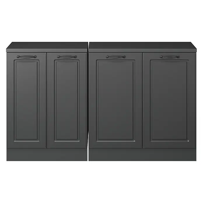 Vicco Küchenschrank für Dachschrägen R-Line, Anthrazit Landhaus, 140 cm -  - Zwei dunkelgraue Schrankeinheiten, jede mit zwei Kassettentüren und dunklen Metallgriffen, auf einem neutralen Sockel.