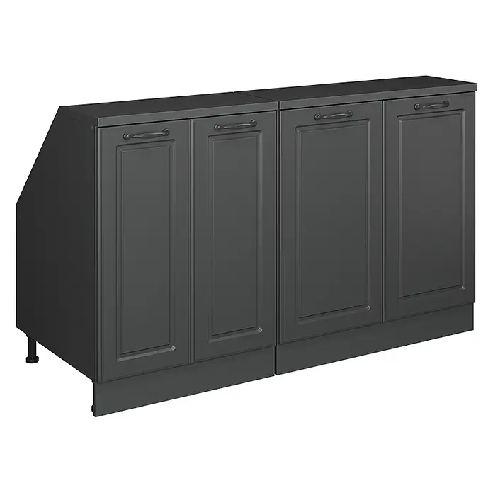Vicco Küchenschrank für Dachschrägen R-Line, Anthrazit Landhaus, 140 cm -  - Dunkelgraue Küchenunterschränke mit Kassettentüren und geschwungenen Griffen. Die Einheit enthält einen Eckschrank und steht auf sichtbaren Beinen.