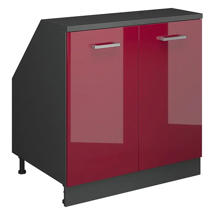 Küchenschrank für Dachschrägen R-Line 80 cm Rot Hochglanz Art.-Nr. 60392 -  - Roter Hochglanz-Eckunterschrank mit dunkelgrauem Korpus, Platte, zwei Türen und Chromgriffen.