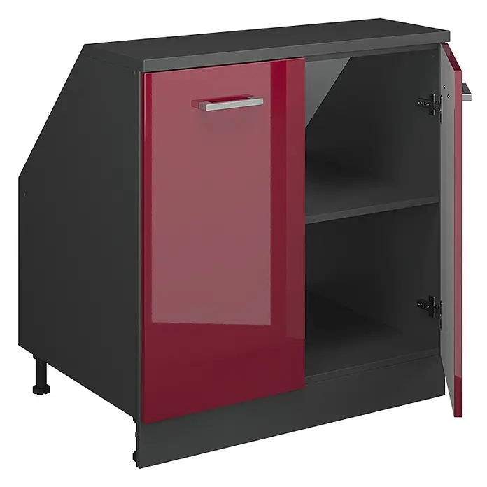 Küchenschrank für Dachschrägen R-Line 80 cm Rot Hochglanz Art.-Nr. 60392 -  - Dunkelgrauer Küchenunterschrank mit glänzend roter Tür und silbernem Griff. Offen, zeigt er zwei Böden, hat eine abgeschrägte Seite und verstellbare Füße.
