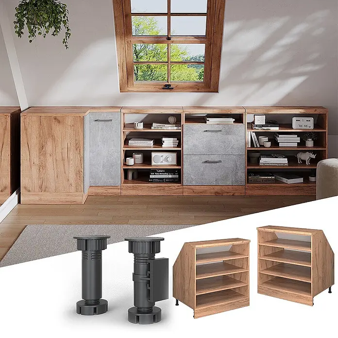 Küchenschrank für Dachschrägen R-Line 60 cm Goldkraft Eiche Art.-Nr. 60327 -  - Modulares Schrank- und Regalsystem in Holz- und Betonoptik in einem Dachzimmer, mit verstellbaren Füßen und schrägen Regalbauteilen.