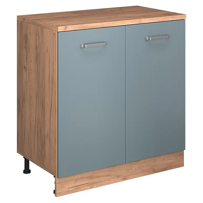 Küchenschrank für Dachschrägen R-Line 80 cm Blau-Grau Art.-Nr. 61808 -  - Zweitüriger Schrank mit Holzplatte und -seiten, blaugrauen Türen und silbernen Griffen.