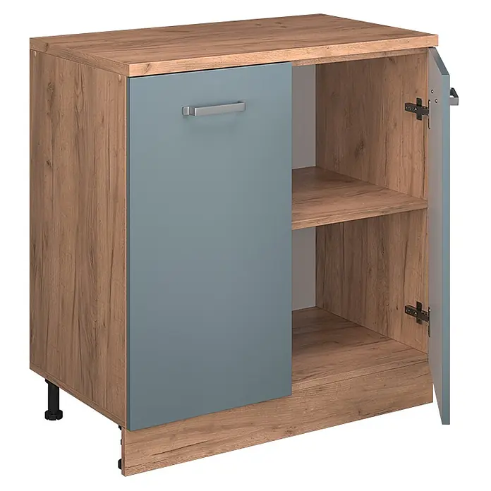 Küchenschrank für Dachschrägen R-Line 80 cm Blau-Grau Art.-Nr. 61808 -  - Schrank mit Holzoptik, zwei Türen, einer blaugrauen Tür, silbernem Griff und Innenregalen. Eine Tür ist offen.