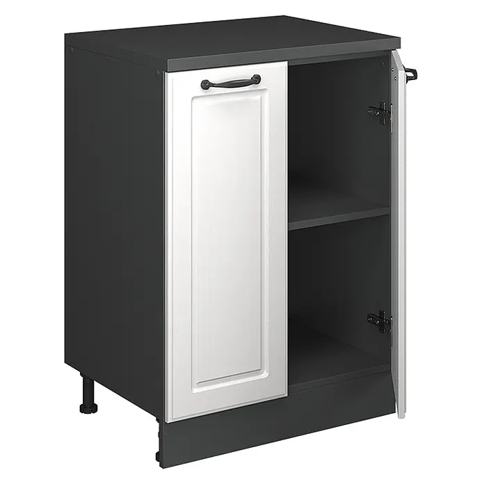 Küchenschrank für Dachschrägen R-Line 60 cm Weiß Landhaus Art.-Nr. 61752 -  - Dunkelgrauer Küchenunterschrank mit weißer Tür, schwarzem Griff und offenem Fach mit einem Regal.