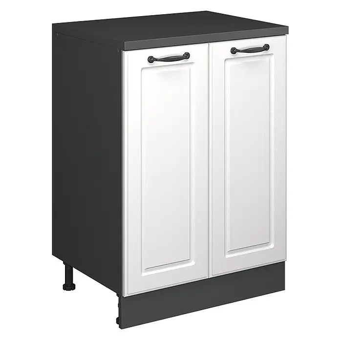 Küchenschrank für Dachschrägen R-Line 60 cm Weiß Landhaus Art.-Nr. 61752 -  - Dunkelgrauer Unterschrank mit weißen Shaker-Türen, schwarzen Griffen und dunkelgrauer Arbeitsplatte. Mit verstellbaren Beinen und Sockelleiste.