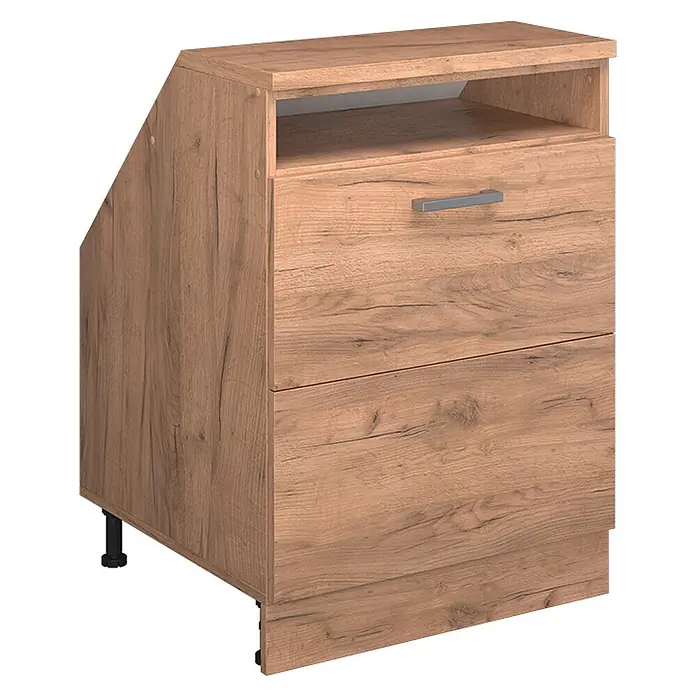 Küchenschrank für Dachschrägen R-Line 60 cm Goldkraft Eiche Art.-Nr. 60533 -  - Helles braunes Holzmaserung Nachttisch mit abgeschrägter linker Seite, offenem Fach und zwei Schubladen.
