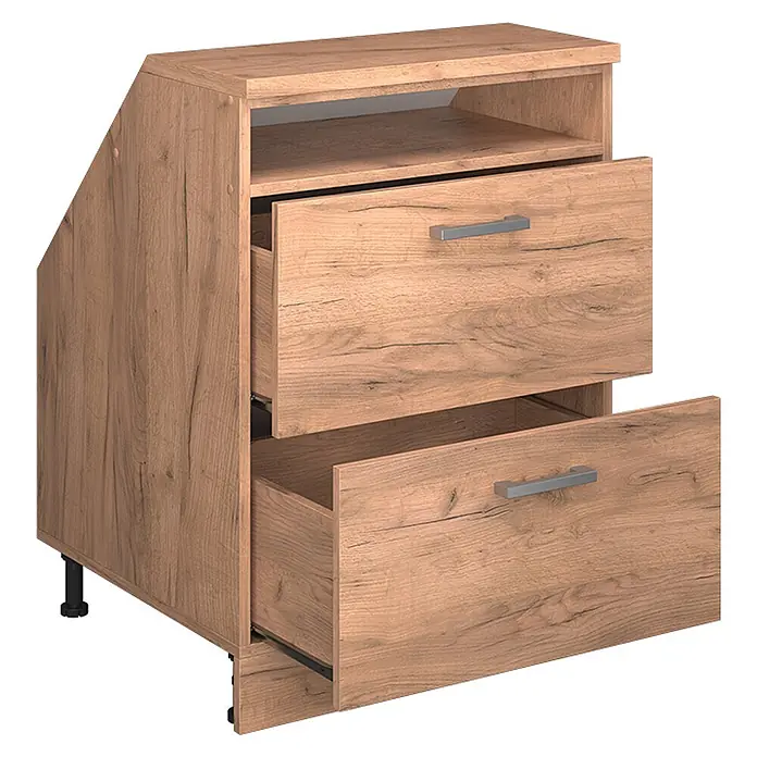 Küchenschrank für Dachschrägen R-Line 60 cm Goldkraft Eiche Art.-Nr. 60533 -  - Nachttisch aus heller Eiche mit schräger linker Seite, zwei teilweise geöffneten Schubladen und einem offenen oberen Fach.