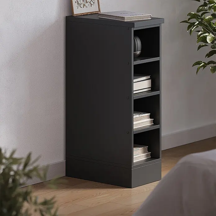 Küchenschrank für Dachschrägen R-Line 25 cm Anthrazit Art.-Nr. 61847 -  - Schmales, dunkelgraues Regal mit offenen Fächern für Bücher, an eine Wand gestellt.