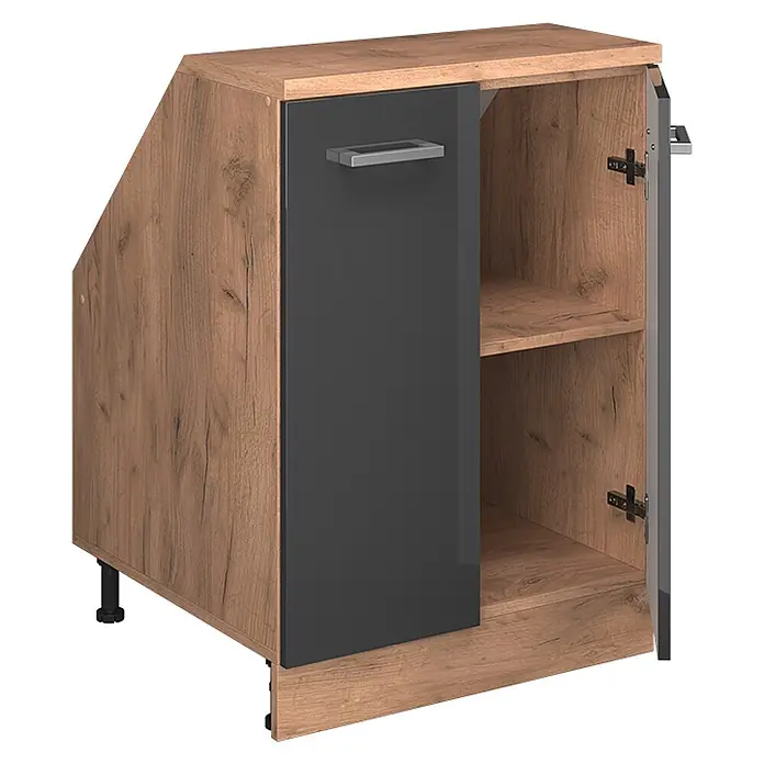 Vicco Küchenschrank für Dachschrägen R-Line, Anthrazit Hochglanz, 60 cm -  - Eckunterschrank in Holzoptik mit dunkelgrauer Hochglanztür und Innenfächern.