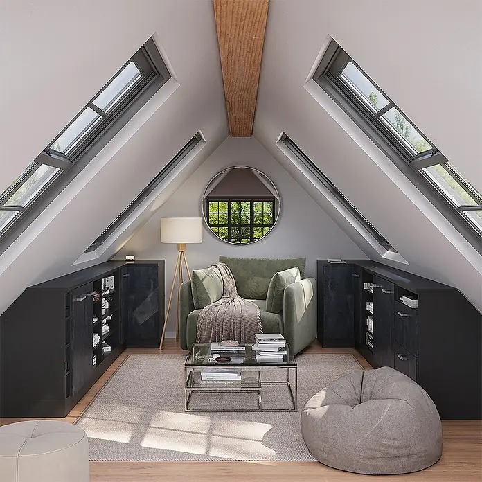 Küchenschrank für Dachschrägen R-Line 75.6 cm Schwarz Beton Art.-Nr. 60281 -  - Ein modernes Dachzimmer bietet einen olivgrünen Sessel, Glastisch und dunkle Einbauschränke unter Schrägfenstern zur Raumoptimierung.