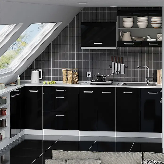 Vicco Küchenschrank für Dachschrägen R-Line, Schwarz Hochglanz, 80 cm - 