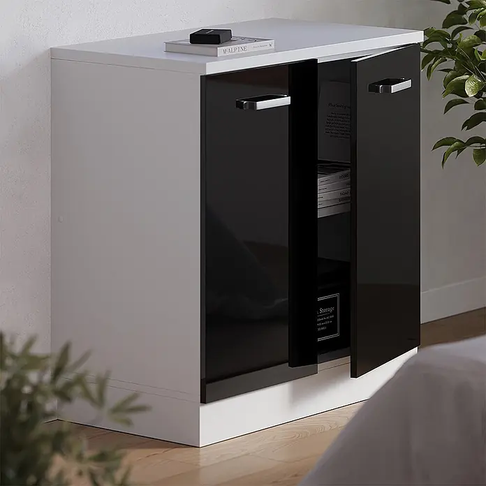 Vicco Küchenschrank für Dachschrägen R-Line, Schwarz Hochglanz, 80 cm - 
