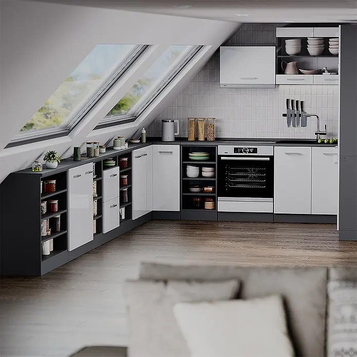 Küchenschrank für Dachschrägen R-Line 210 cm Weiß Hochglanz Art.-Nr. 60527 - 