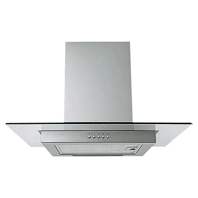 Respekta Küchenzeile Cuisine KB270ESWGCBO - Breite: 270 cm, Weiß, Mit Elektrogeräten - Silberne Dunstabzugshaube mit Glasablage und Bedienfeld mit mehreren Knöpfen. Für eine saubere Küche beim Kochen unerlässlich.