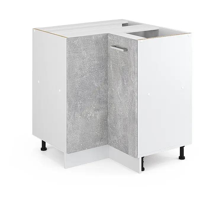 Küchenfront R-Line 59.2 cm Beton Art.-Nr. 30211 -  - Weißer Kücheneckunterschrank mit grauer Betonoptik-Platte und verstellbaren Füßen.