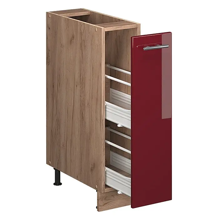 Apothekerschrank Fame-Line 20 cm Bordeaux Hochglanz Art.-Nr. 62133 -  - Schmaler Küchenauszugschrank mit Holzoptikrahmen, glänzender dunkelroter Tür und weißen Ablagekörben auf Schienen.