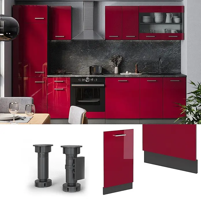 Geschirrspülblende R-Line 45 cm Rot Hochglanz Art.-Nr. 54942 -  - Eine moderne Küche mit eleganten, hochglänzenden roten Schränken, schwarzen Arbeitsplatten und Edelstahlgeräten, ausgestattet mit verstellbaren Schrankfüßen.
