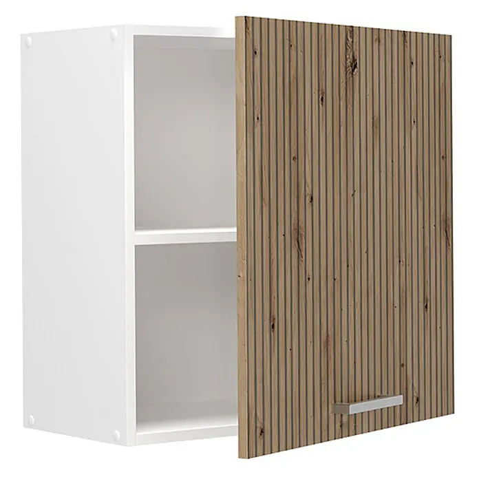 Hängeschrank R-Line 60 cm Artisan-Eiche Art.-Nr. 65777 -  - Weißer Wandschrank mit geriffelter Holztür und silbernem Griff, Tür geöffnet mit zwei weißen Einlegeböden.