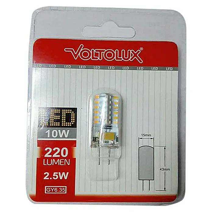 Voltolux LED-Lampe - GY6,35, Nicht Dimmbar, Warmweiß, 220 lm, 2,5 W - Abbildung einer VOLTOLUX 10W LED-Lampe mit 220 Lumen und 2,5W Leistung in Originalverpackung.