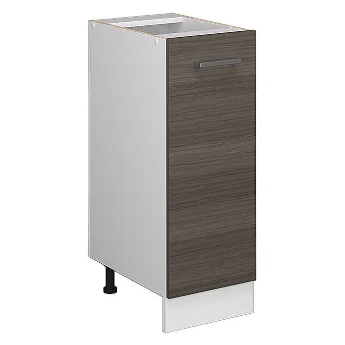 Küchenfront R-Line 29.6 cm Edelgrau Art.-Nr. 37457 -  - Weißer Unterschrank mit dunkler Holzmaserungstür, Griff und weißem Sockel.