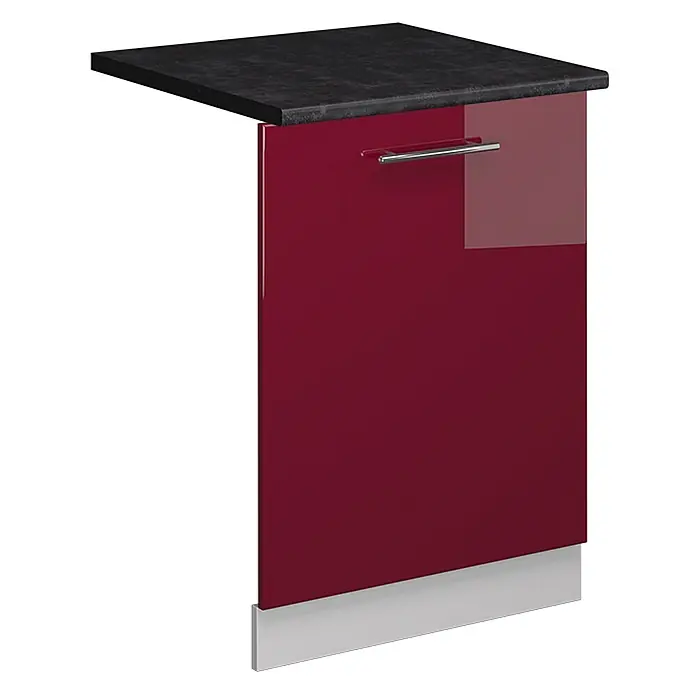 Geschirrspülblende Fame-Line 60 cm Bordeaux Hochglanz Art.-Nr. 54827 -  - Hochglanz-Bordeauxrote Küchenschranktür mit schwarzer Arbeitsplatte, silbernem Stangengriff und Sockel.