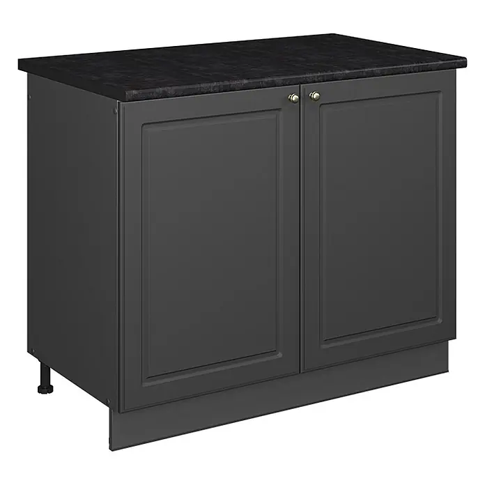 Spülenunterschrank Fame-Line 100 cm Anthrazit-Gold Landhaus Art.-Nr. 61926 -  - Dunkelgrauer Küchenunterschrank mit schwarzer Arbeitsplatte, zwei Türen mit goldenen Knöpfen und verstellbaren Füßen.