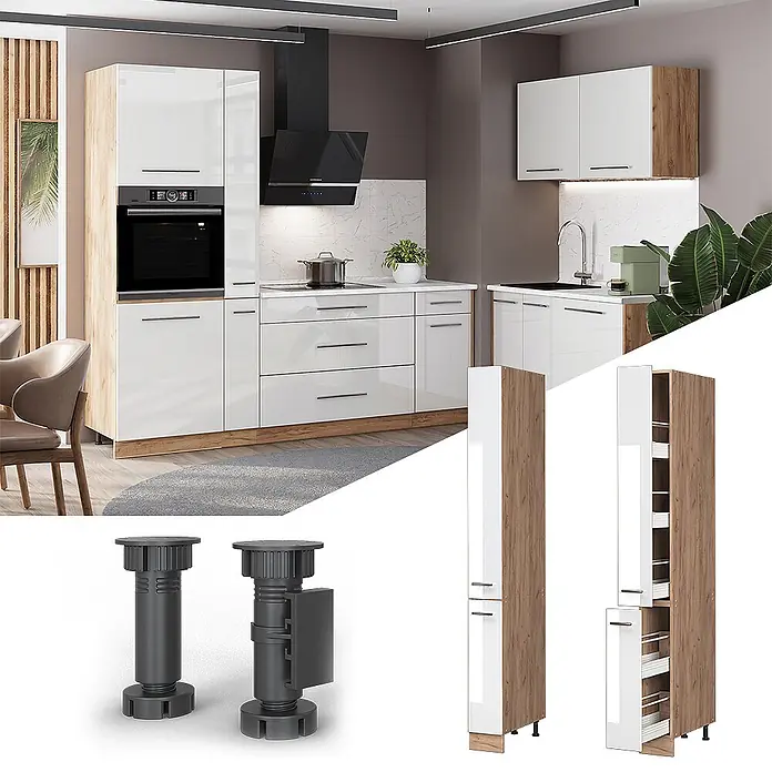 Apothekerschrank Fame-Line 20 cm Weiß Hochglanz Art.-Nr. 61665 -  - Modulare Küchenzeile mit hochglänzenden weißen und Holzdekor-Schränken, Backofen, Apothekerschrank und verstellbaren Füßen.