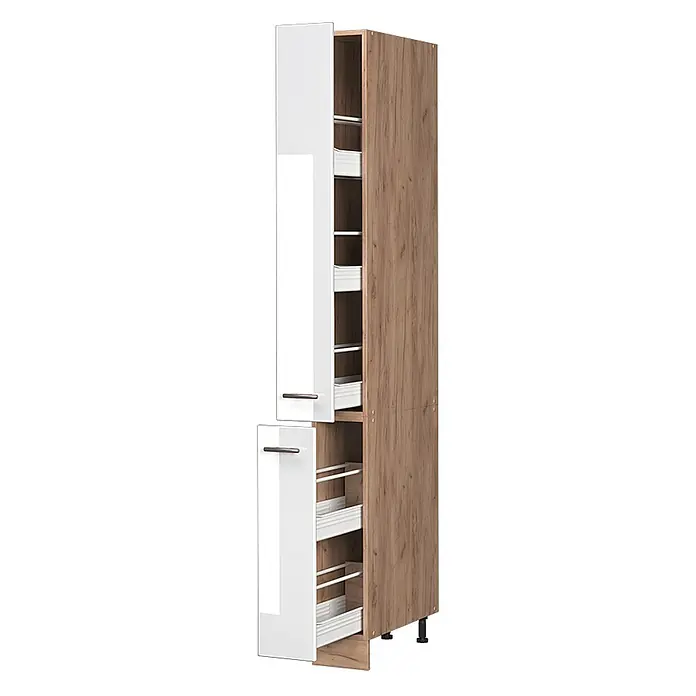 Apothekerschrank Fame-Line 20 cm Weiß Hochglanz Art.-Nr. 61665 -  - Vorratsschrank in Holzoptik mit weißen Hochglanz-Auszugstüren, die interne Körbe zur Küchenaufbewahrung zeigen.