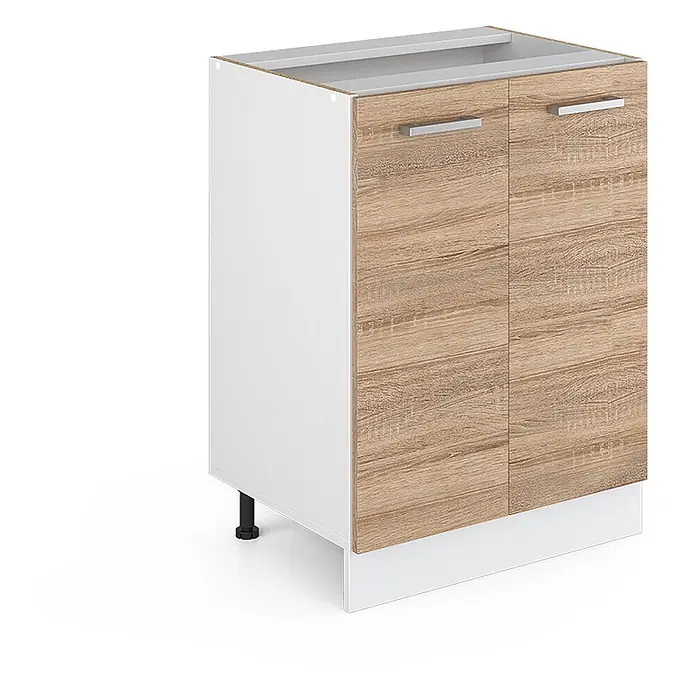 Küchenfront R-Line 59.2 cm Sonoma Art.-Nr. 29517 -  - Weißer Küchenunterschrank mit zwei hellen Holzoptik-Türen und Metallgriffen.