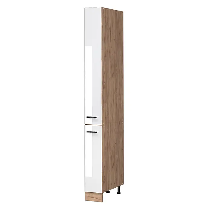 Apothekerschrank Fame-Line 20 cm Weiß Hochglanz Art.-Nr. 61665 -  - Hoher Schrank mit glänzenden weißen Türen und braunem Holzkorpus, mit zwei silbernen Griffen und verstellbaren Füßen.