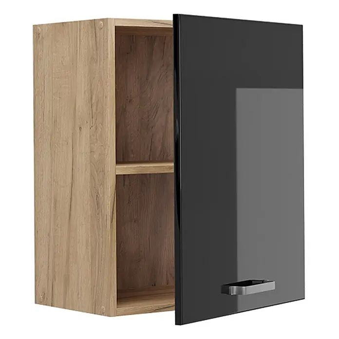 Hängeschrank R-Line 50 cm Schwarz Hochglanz Art.-Nr. 70057 -  - Wandschrank mit offenem hellen Holzrahmen und glänzender dunkelgrauer Tür mit silbernem Griff.