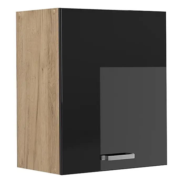 Hängeschrank R-Line 50 cm Schwarz Hochglanz Art.-Nr. 70057 -  - Wandschrank mit heller Holzmaserung und einer schwarzen Hochglanztür mit silbernem Griff.