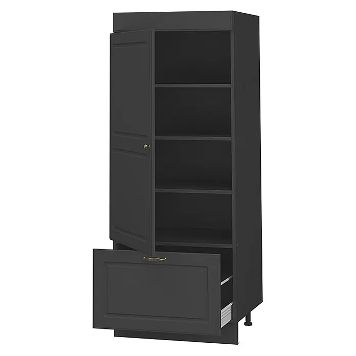 Vorratsschrank Fame-Line 60 cm Anthrazit-Gold Landhaus Art.-Nr. 62655 -  - Dunkelgrauer Hochschrank mit einer angelehnten oberen Tür und einer geöffneten unteren Schublade, die Regalböden zeigt.