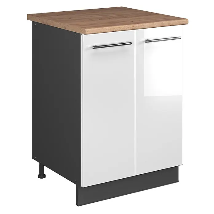Spülenunterschrank Fame-Line 60 cm Weiß Hochglanz Art.-Nr. 65282 -  - Zweitüriger Küchenunterschrank mit Holzdekor-Platte, dunkelgrauem Korpus und glänzend weißen Türen mit silbernen Griffen.