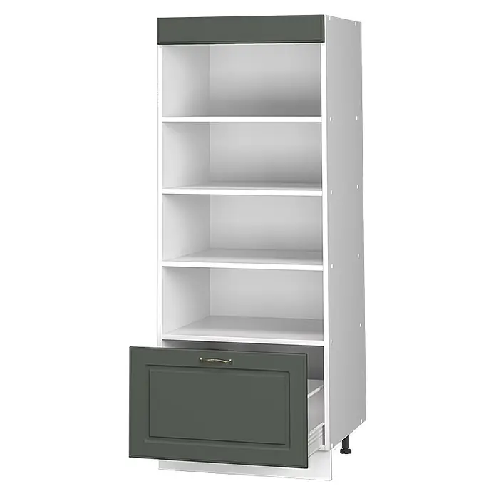 Vorratsschrank Fame-Line 60 cm Grün-Gold Landhaus Art.-Nr. 62220 -  - Hohes weißes Regal mit offenen Fächern und einer teilweise geöffneten dunkelgrünen Schublade mit Messinggriff.