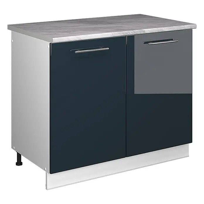 Spülenunterschrank Fame-Line 100 cm Dunkelblau Hochglanz Art.-Nr. 61916 -  - Zweitüriger Küchenunterschrank mit Marmoroptik-Arbeitsplatte, glänzenden dunkelblauen Türen, hellgrauen Seiten und silbernen Griffen.