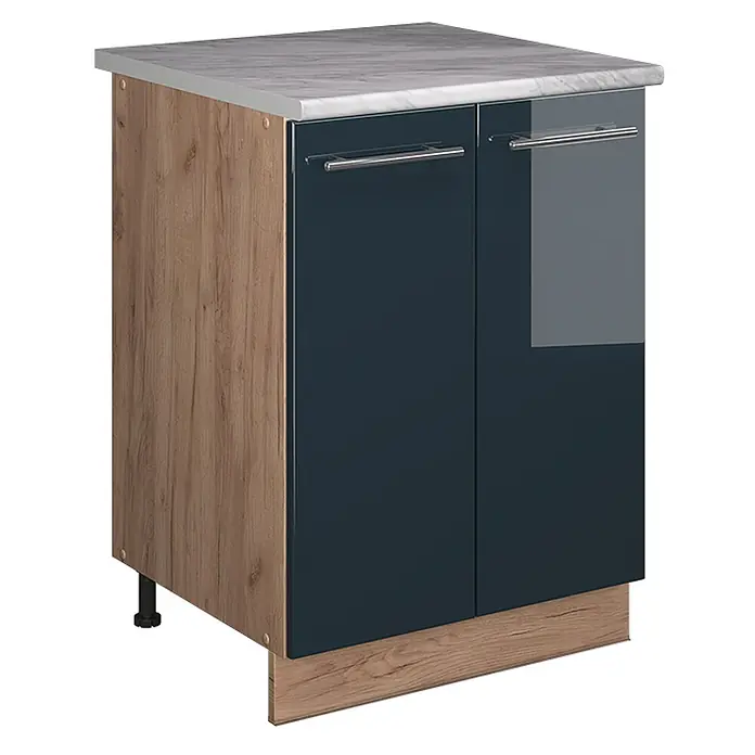 Spülenunterschrank Fame-Line 60 cm Dunkelblau Hochglanz Art.-Nr. 65244 -  - Kompakter Küchenunterschrank mit Marmor-Arbeitsplatte, dunkelblauen Glanztüren und heller Eichenholz-Optik an Seite und Sockel.