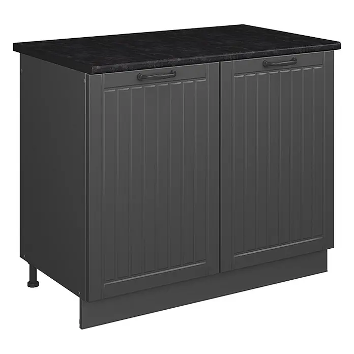 Spülenunterschrank Fame-Line 100 cm Dunkelgrau Art.-Nr. 61932 -  - Dunkelgrauer Küchenunterschrank mit zwei geriffelten Türen, schwarzen Griffen und einer schwarzen Arbeitsplatte.