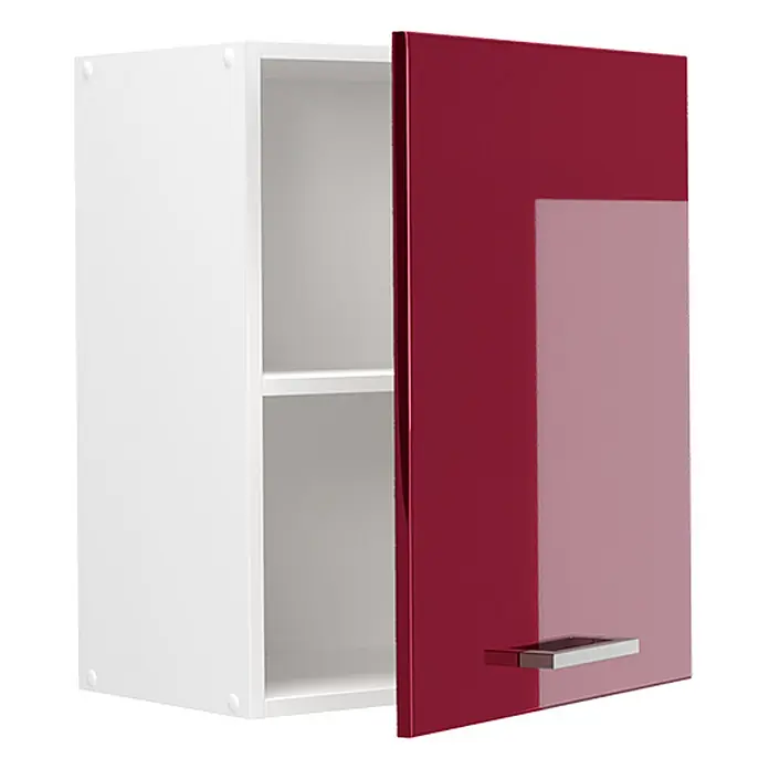 Hängeschrank R-Line 50 cm Rot Hochglanz Art.-Nr. 70024 -  - Weißer Wandschrank mit teiloffener, glänzender roter Tür, die ein Innenregal zeigt. Mit elegantem Silbergriff.