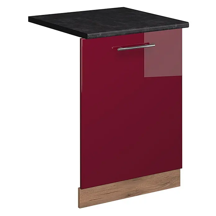Geschirrspülblende Fame-Line 60 cm Bordeaux Hochglanz Art.-Nr. 54843 -  - Küchenunterschrank mit dunkler Arbeitsplatte, hochglanzroter Tür, silbernem Griff und Holzsockel.