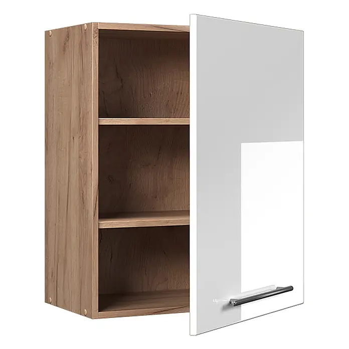 Hängeschrank Fame-Line 60 cm Weiß Hochglanz Art.-Nr. 62858 -  - Hängeschrank aus Holz mit hellbrauner Oberfläche, drei Regalböden und einer weißen Tür mit Metallgriff.