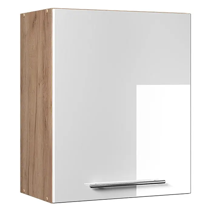 Hängeschrank Fame-Line 60 cm Weiß Hochglanz Art.-Nr. 62858 -  - Wandschrank mit heller Holzseite und glänzender weißer Tür mit silbernem Griff.