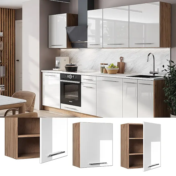 Hängeschrank Fame-Line 60 cm Weiß Hochglanz Art.-Nr. 62858 -  - Moderne Küche mit hochglanzweißen Unter- und Oberschränken, Holzdetails, integriertem Backofen und Spüle.