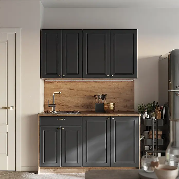 Hängeschrank Fame-Line 80 cm Anthrazit-Gold Landhaus Art.-Nr. 62825 -  - Dunkelgraue Küchenschrankzeile mit Holzplatte und Rückwand, inklusive Spüle und Stauraum.