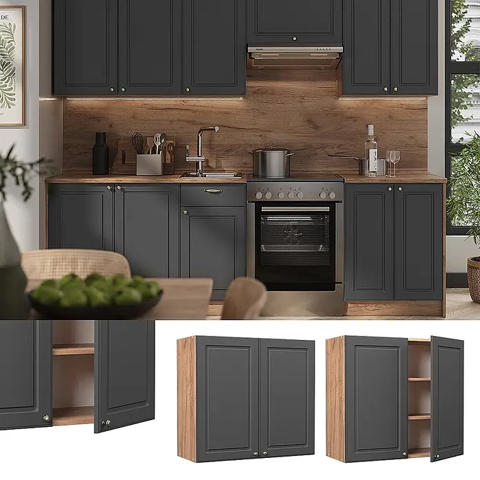 Hängeschrank Fame-Line 80 cm Anthrazit-Gold Landhaus Art.-Nr. 62825 -  - Dunkelgraue Küchenschränke mit Holzdetails, gezeigt in einer modernen Küche und als modulare Einheiten mit offenen Türen.