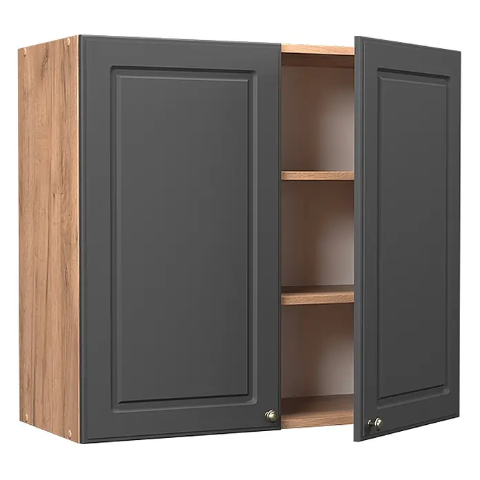 Hängeschrank Fame-Line 80 cm Anthrazit-Gold Landhaus Art.-Nr. 62825 -  - Dunkelgrauer Hängeschrank mit Holzoptik-Korpus, zwei Kassettentüren, eine leicht geöffnet mit Holzregalen.