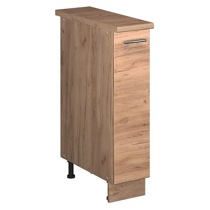 Apothekerschrank Fame-Line 20 cm Goldkraft Eiche Art.-Nr. 62124 -  - Schmaler hellbrauner Holzmaserung-Unterschrank mit einer Schublade und silbernem Griff, auf Füßen und Sockel.